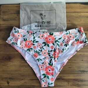 NWT Beachsissi Womens Size XL High Waist Bikini Swim Bottoms White/Coral Floral